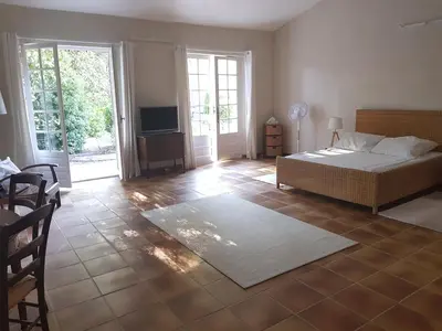a bedroom with a bed and a television in a room at Maisonnette dans le Luberon - Bois Romay in La Bastide-des-Jourdans