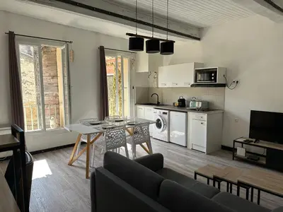 a kitchen and living room with a couch and a table at Appartement Proche Quai Rouget in LʼIsle-sur-la-Sorgue