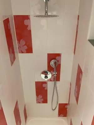 a shower in a bathroom with red and white tiles at Clos du Cardinal in LʼIsle-sur-la-Sorgue