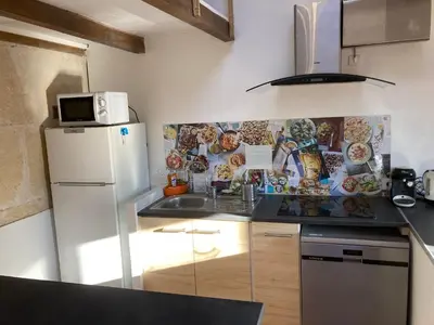 a kitchen with a white refrigerator and a sink at Pélissanne, superbe appartement entièrement rénové in Pélissanne