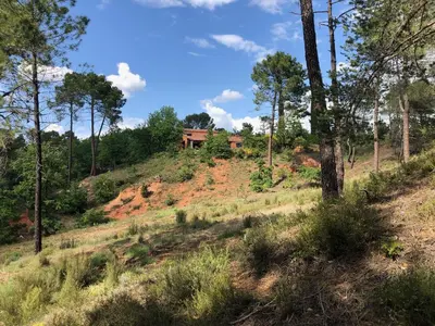 a house on top of a hill with trees at les Bartavelles in Roussillon