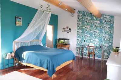 a bedroom with blue walls and a bed with a canopy at villa with pool and beautiful view in the luberon in pujet sur durance - 10 in Puget