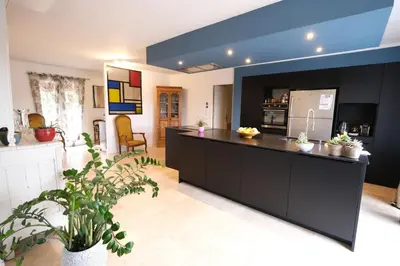 a kitchen with a black island in a living room at villa with pool and beautiful view in the luberon in pujet sur durance - 10 in Puget