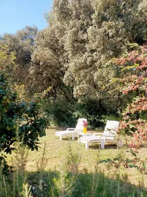 two white chairs and a table in a garden at Bastide Cedrea in Peyrolles-en-Provence
