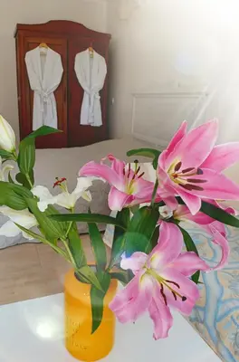 a yellow vase with pink flowers on a table at Bastide Cedrea in Peyrolles-en-Provence
