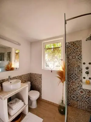 a bathroom with a toilet and a sink and a shower at Bastide Cedrea in Peyrolles-en-Provence