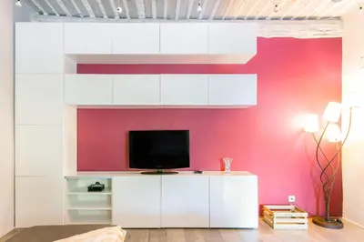 a living room with a tv on a red wall at appartement de charme dans le luberon in Lagnes