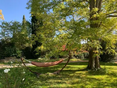 a hammock hanging from a tree in a park at La Parenthese Saint Donat in Aix-en-Provence