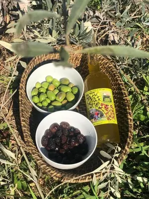a basket with two bowls of fruit and a bottle at La Parenthese Saint Donat in Aix-en-Provence