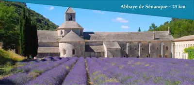 an old church with a field of purple lavender at Les Bastidons de L'Isle - Le Saint-Julien - 3 étoiles in LʼIsle-sur-la-Sorgue