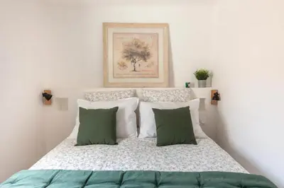a bedroom with a bed with green and white pillows at Le marronnier 3: Superbe appart au coeur de la petite venise in LʼIsle-sur-la-Sorgue