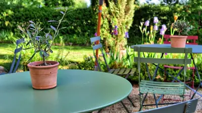 a green table with a potted plant on top of it at La Bastide des Grands Chênes in Lambesc