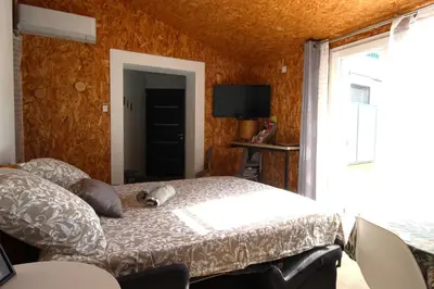 a bedroom with a bed with two dogs laying on it at Les Bastidons de l'Isle - Le Saumane - 3 étoiles in LʼIsle-sur-la-Sorgue
