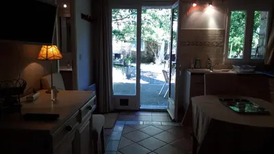 a kitchen with a door leading to a yard at Mini gite foulon in Crillon-le-Brave