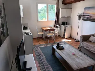 a living room with a couch and a table at Chambres tomate, dans maison avec petit escalier à 6km du festival de piano de la roque d'anthéron in Rognes
