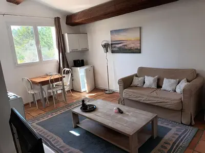 a living room with a couch and a coffee table at Chambres tomate, dans maison avec petit escalier à 6km du festival de piano de la roque d'anthéron in Rognes