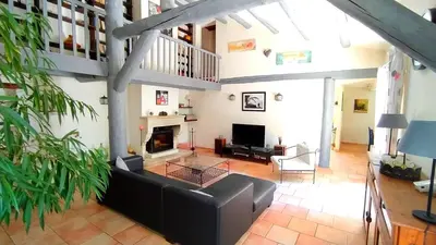 a living room with a black couch and a fireplace at Villa Chênaie in Bédoin