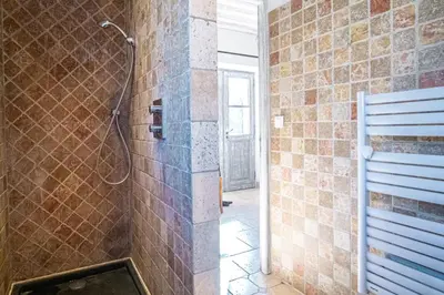 a bathroom with a shower with a tile wall at Gîte tout confort - jardin et piscine in Lagnes