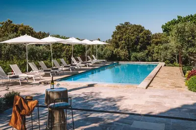 a swimming pool with lounge chairs and umbrellas at Le Mas Luca in Gordes