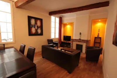 a living room with a couch and a table and a fireplace at Appartement de Charme in Aix-en-Provence