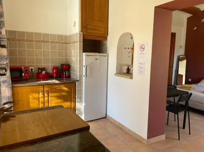 a kitchen with a white refrigerator and a table at Les Célestins - Studios indépendants in Carpentras