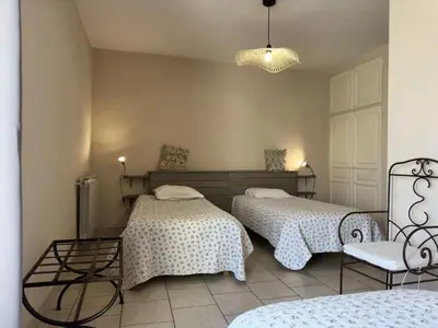 a bedroom with two beds and a chandelier at Mas de l'Estiou in Monteux