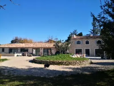 a large building with a cat in front of it at Le Mas Paolo in Le Thor