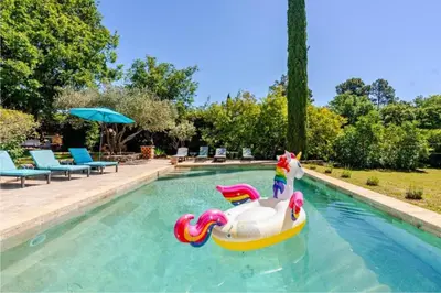 a ride in a pool with a unicornride in the water at Joli mas 