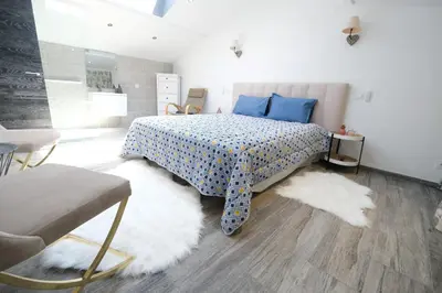 a bedroom with a bed with blue pillows and a rug at charming villa with heated pool, 14 people, located in aureille, near les baux de provence, in the alpilles in Aureille