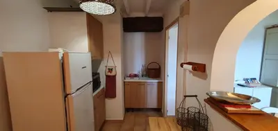a kitchen with a white refrigerator in a room at Appartement 3P Lubéron in Viens