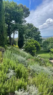a garden with flowers and trees on a hill at Exclusif Appart piscine chauffée de luxe 10 min centre AixenPc Belvoir SISSI in Aix-en-Provence