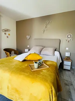 a bedroom with a large bed with a tray on it at Un coin tropical en Provence ! in LʼIsle-sur-la-Sorgue