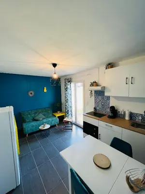 a kitchen and a living room with a couch at Un coin tropical en Provence ! in LʼIsle-sur-la-Sorgue