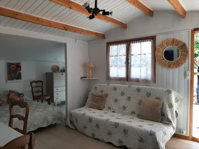 a living room with a couch and a table at Chalet au pied du Mont Ventoux in Mormoiron