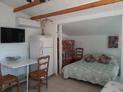 a bedroom with a bed and a desk and a refrigerator at Chalet au pied du Mont Ventoux in Mormoiron