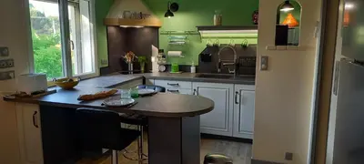 a kitchen with green walls and a wooden counter top at Logement lumineux, entièrement rénové avec jardin in Caumont-sur-Durance