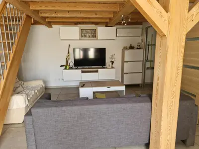 a living room with a couch and a tv at Petite maison meublée entre Avignon et Carpentras in Morières-lès-Avignon