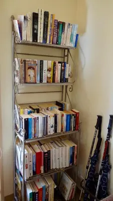 a book shelf filled with books next to a wall at Gîte L'Escapade in Saint-Saturnin-les-Apt