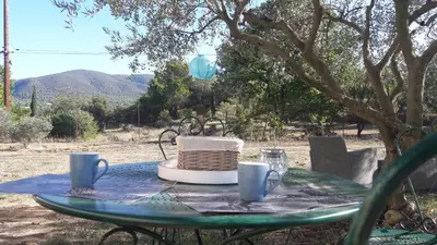 a picnic table with a basket and cups on it at OUSTAOU DU GAYET gîte de charme avec piscine privée in Lourmarin