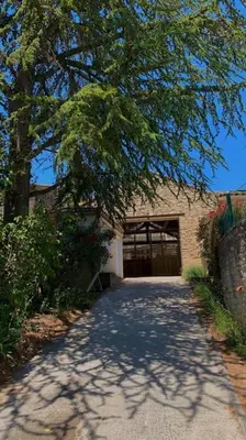 a driveway leading to a house with a tree at La Maison de la Forge in Gordes