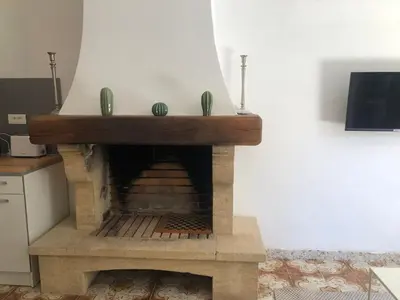 a stone fireplace with two cactuses on top of it at La Tour- Pigeonnier Provençal - Mas des Sous Bois in Ventabren
