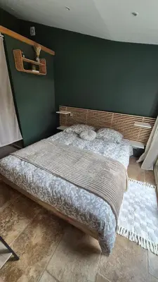 a bed in a bedroom with a green wall at Les cabanons de l'Oliveraie in Pernes-les-Fontaines