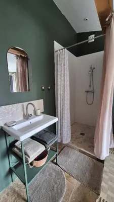 a bathroom with a sink and a shower at Les cabanons de l'Oliveraie in Pernes-les-Fontaines