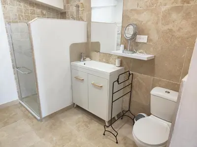 a bathroom with a toilet and a sink and a mirror at La Plénitude in Le Thor