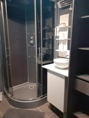 a bathroom with a shower with a sink and a toilet at Location saisonnière avec piscine et terrasse au pied du luberon in Lauris