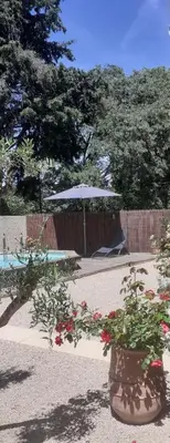 a patio with a table and an umbrella and flowers at Location saisonnière avec piscine et terrasse au pied du luberon in Lauris