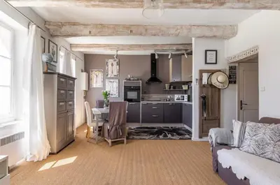 a kitchen and living room with a couch and a table at Douceur sur la Sorgue in LʼIsle-sur-la-Sorgue