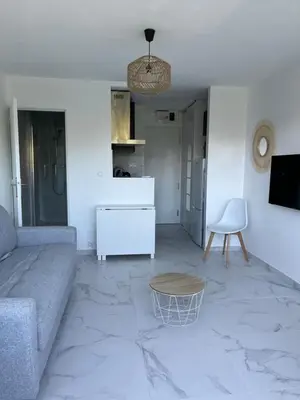 a living room with a couch and a table at Superbe appartement avec balcon et parking in Aix-en-Provence