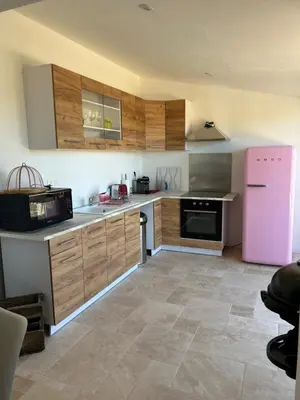 a kitchen with a pink refrigerator and wooden cabinets at Gite Les Robiniers in Beaumont-de-Pertuis