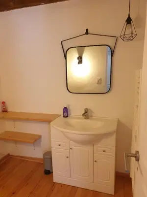 a bathroom with a sink and a mirror on the wall at Gite Les Robiniers in Beaumont-de-Pertuis